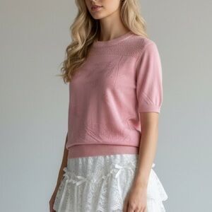 vintage french pink silk knit top w/ fish design and crystal embellishments top